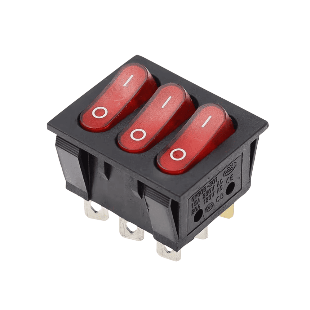 SWITCH BALANCIN TRIPLE 9P 2POS 20A 38X33 GRANDE BOTON ROJO NEON 