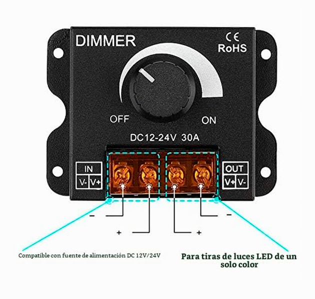Dimmer LED de Perilla 12V - 24V DC / 30A 