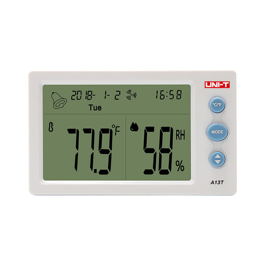 UNI-T A13T Monitor Digital de Temperatura y Humedad con Reloj y Alarma (Cumplimiento INVIMA / RETILAP)