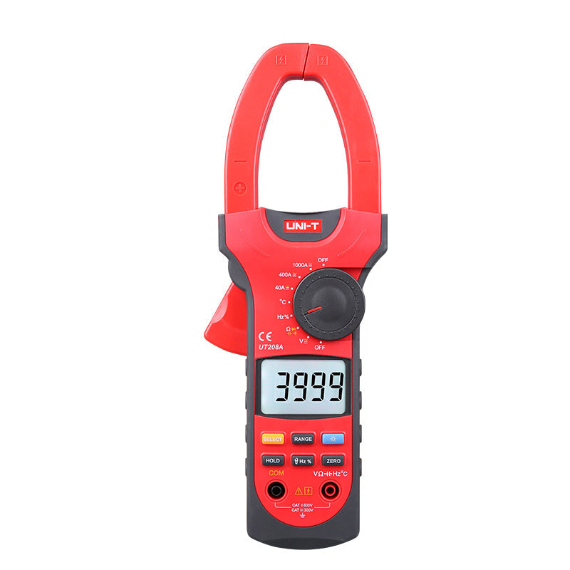 UNI-T UT208 Pinza Amperimétrica Digital 1000A AC/DC con Medición de Temperatura y Frecuencia (Cumplimiento RETIE)