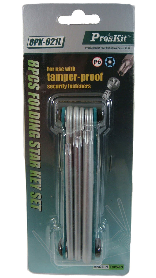 Pro'skit 8PK-021L Juego de Llaves Torx de Seguridad Plegables | Resistencia Industrial SAE 8660-1