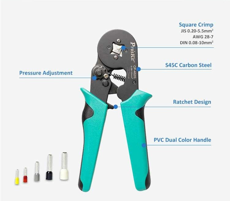 Pro'skit CP-462G Ponchadora de Terminales Tubulares Autoajustable | Precisión Cuadrilátero para RITEL